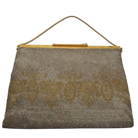 Vintage Handmade in France Evening Purse Clutch Bag Gold Mesh Beaded MOP Clasp - Picture 1 of 11